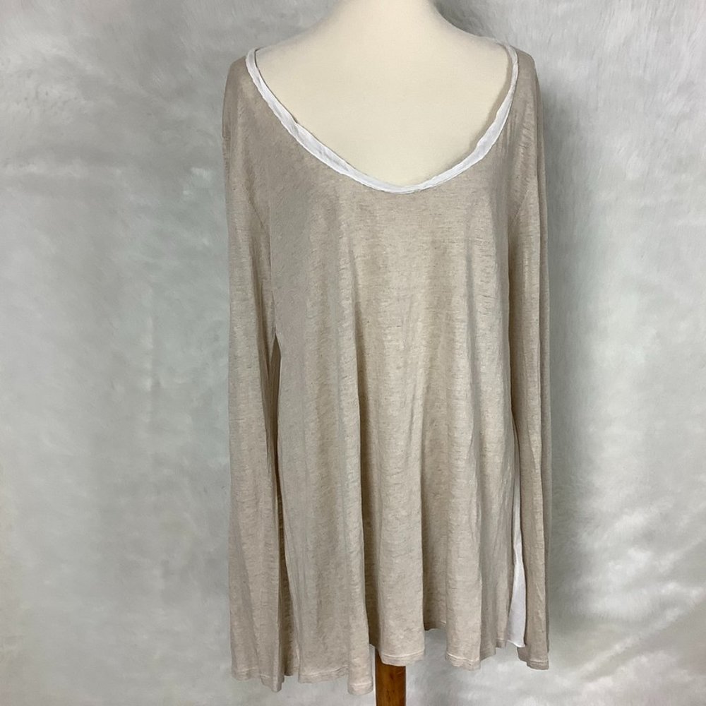 CP Shades Tan & Ivory Long Sleeve Linen Front Cotton Silk Chiffon Back Tunic L